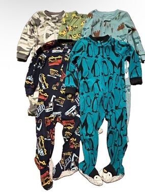 Toddler Boy Fleece Footie Pajamas Winter Size 2T Penguins Construction